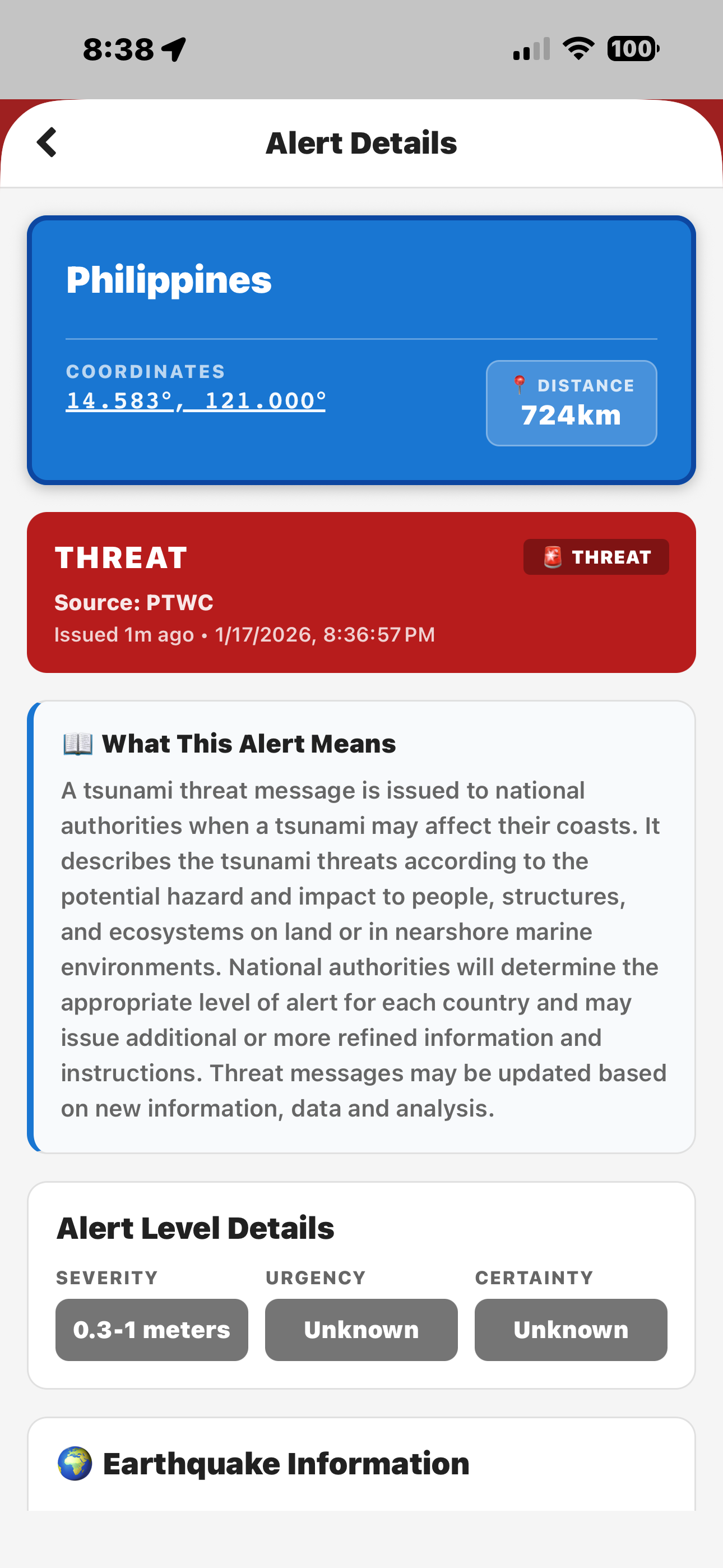 Tsunami Watch Alert Details screen