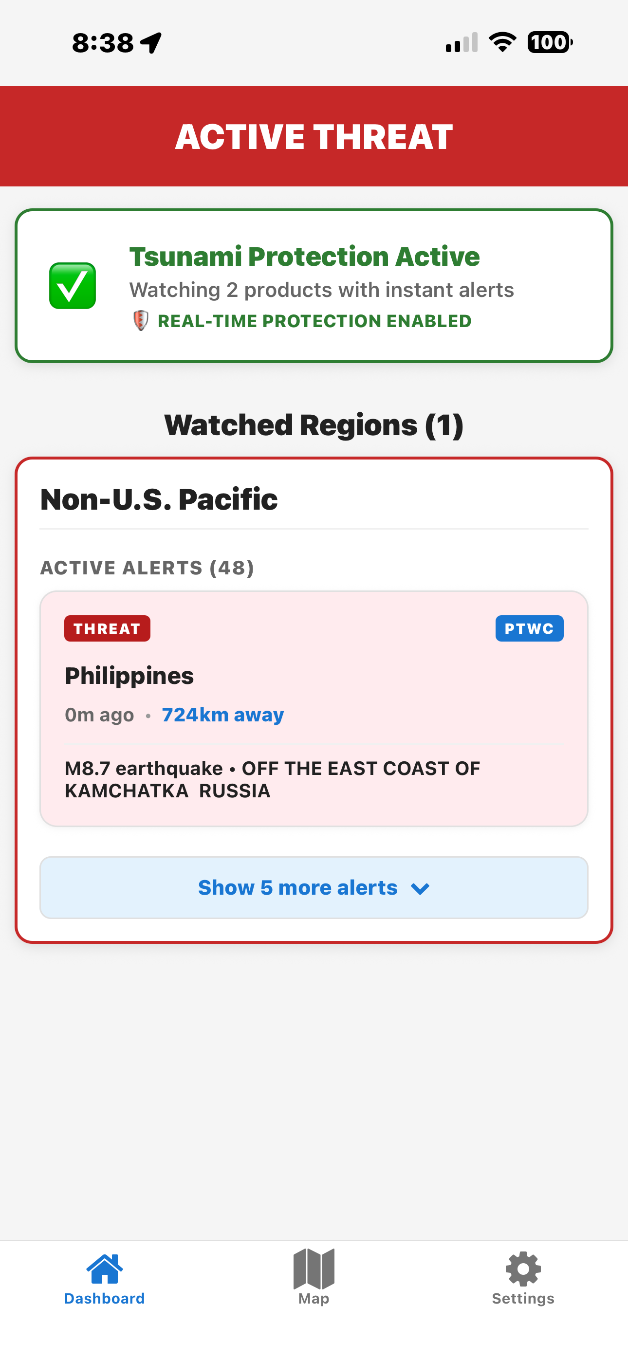 Tsunami Watch Dashboard with active threat