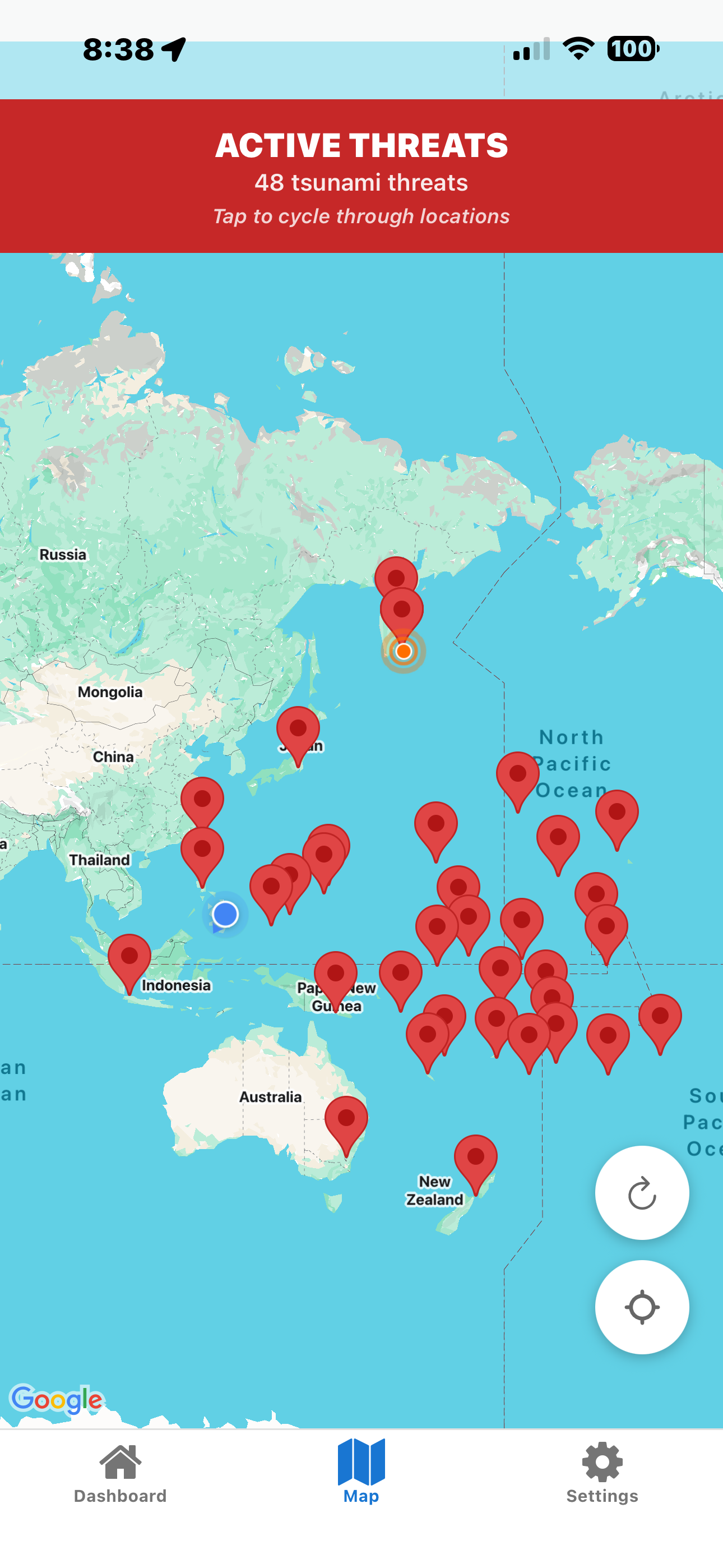 Tsunami Watch Interactive Map with multiple threats