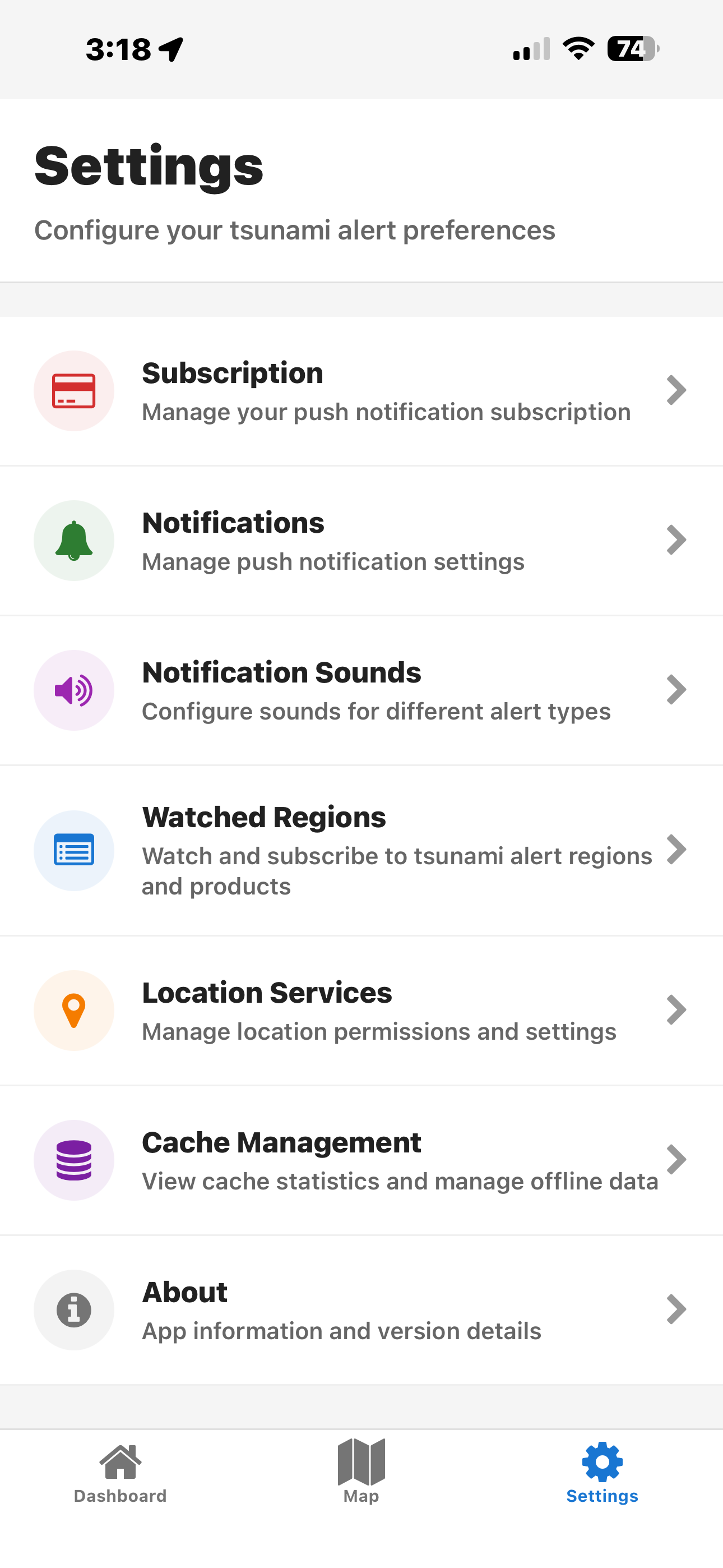Tsunami Watch Settings screen